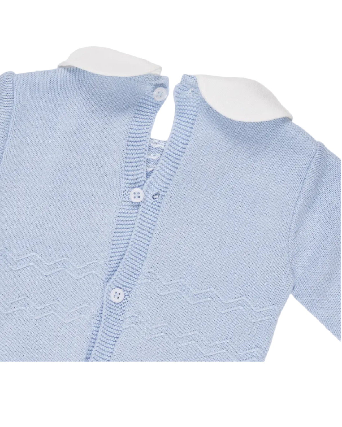 Blue babygrow with knot stitch detail