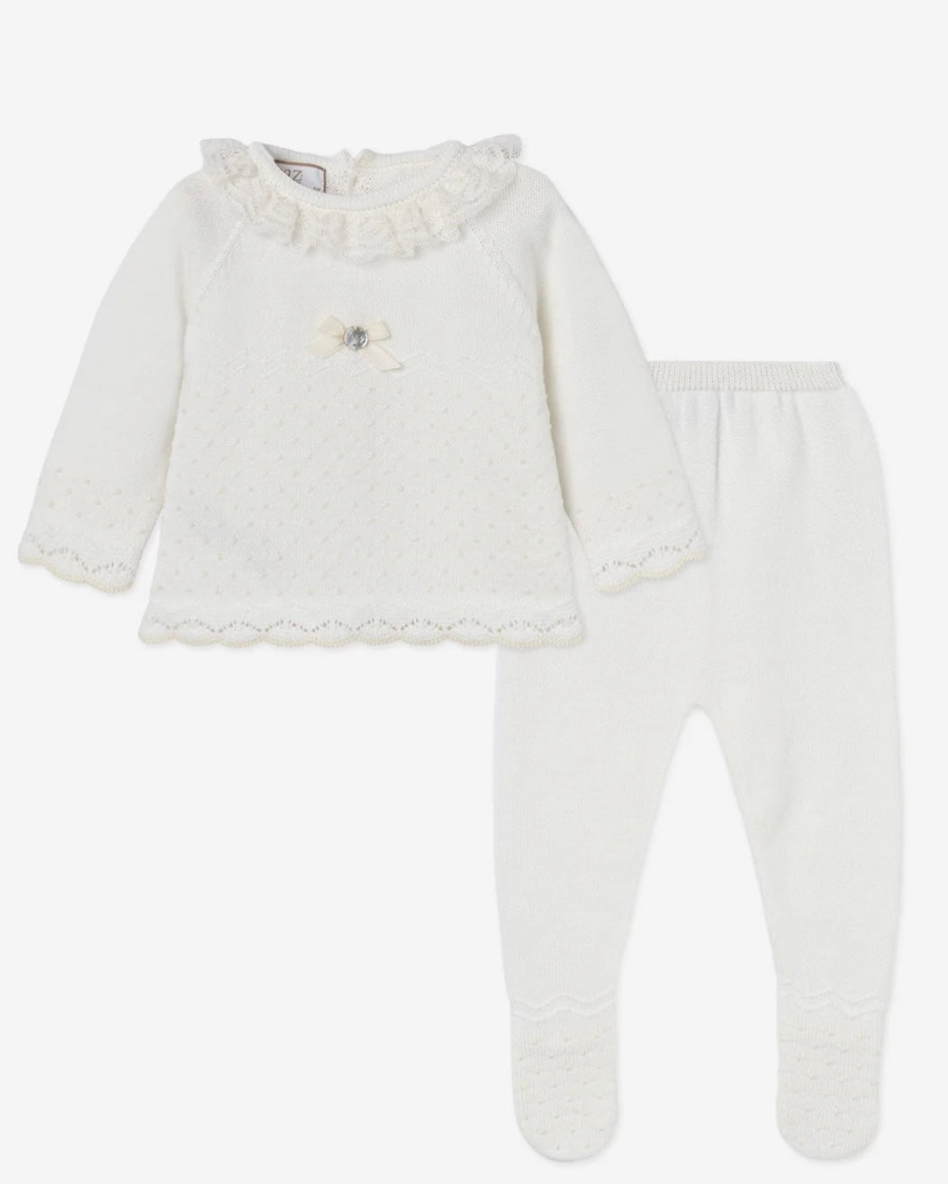 Ivory babygrow with knot stitch and lace + Bonnet