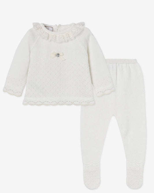 Ivory babygrow with knot stitch and lace + Bonnet