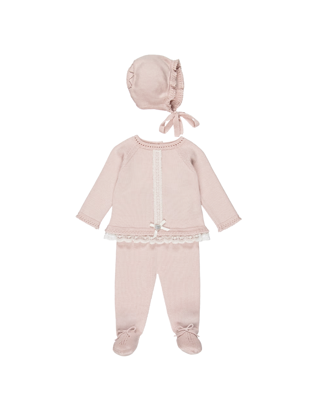 Pink babygrow set with lace trims + bonnet