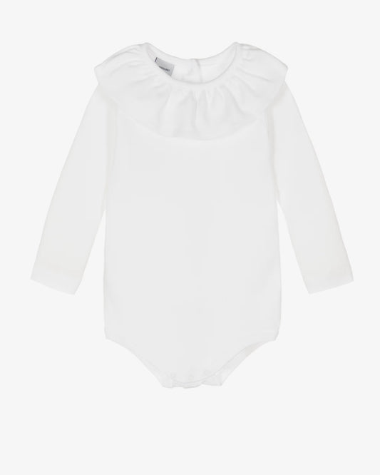 White bodysuit with ruffle collar