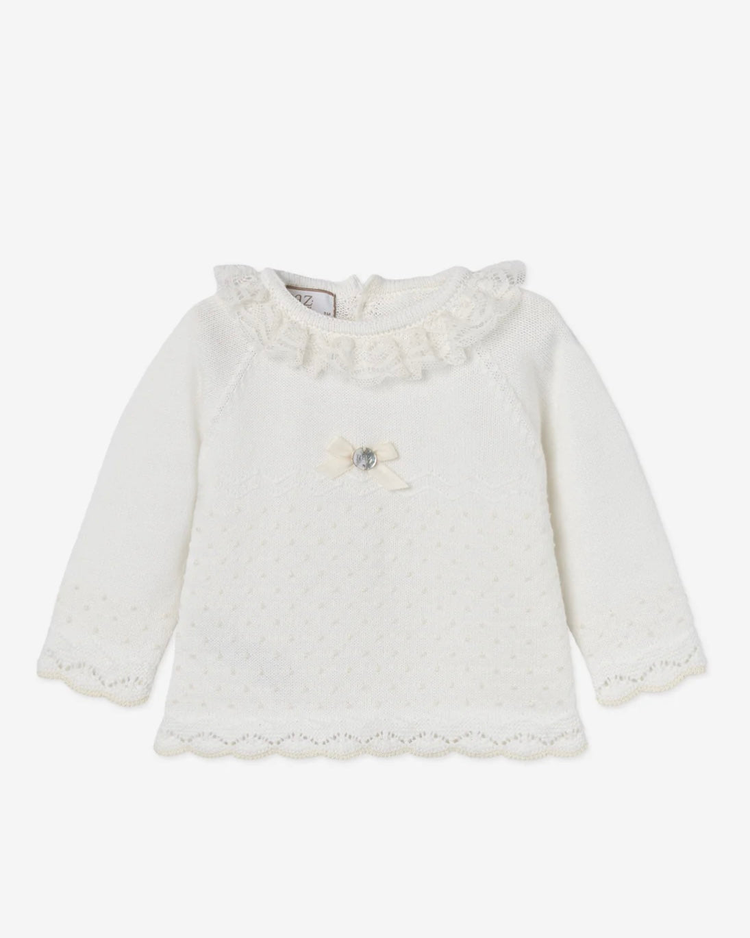 Ivory babygrow with knot stitch and lace + Bonnet