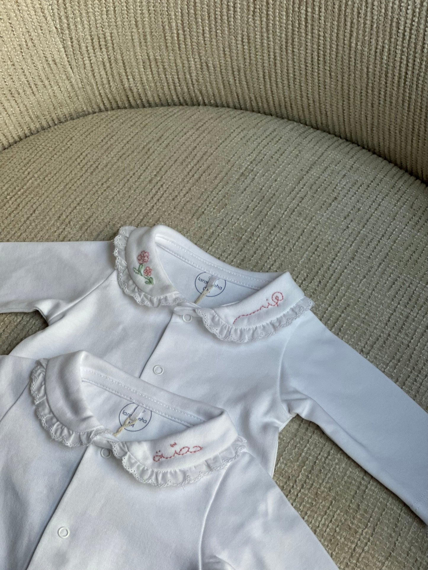 Babygrow with lace collar + bonnet