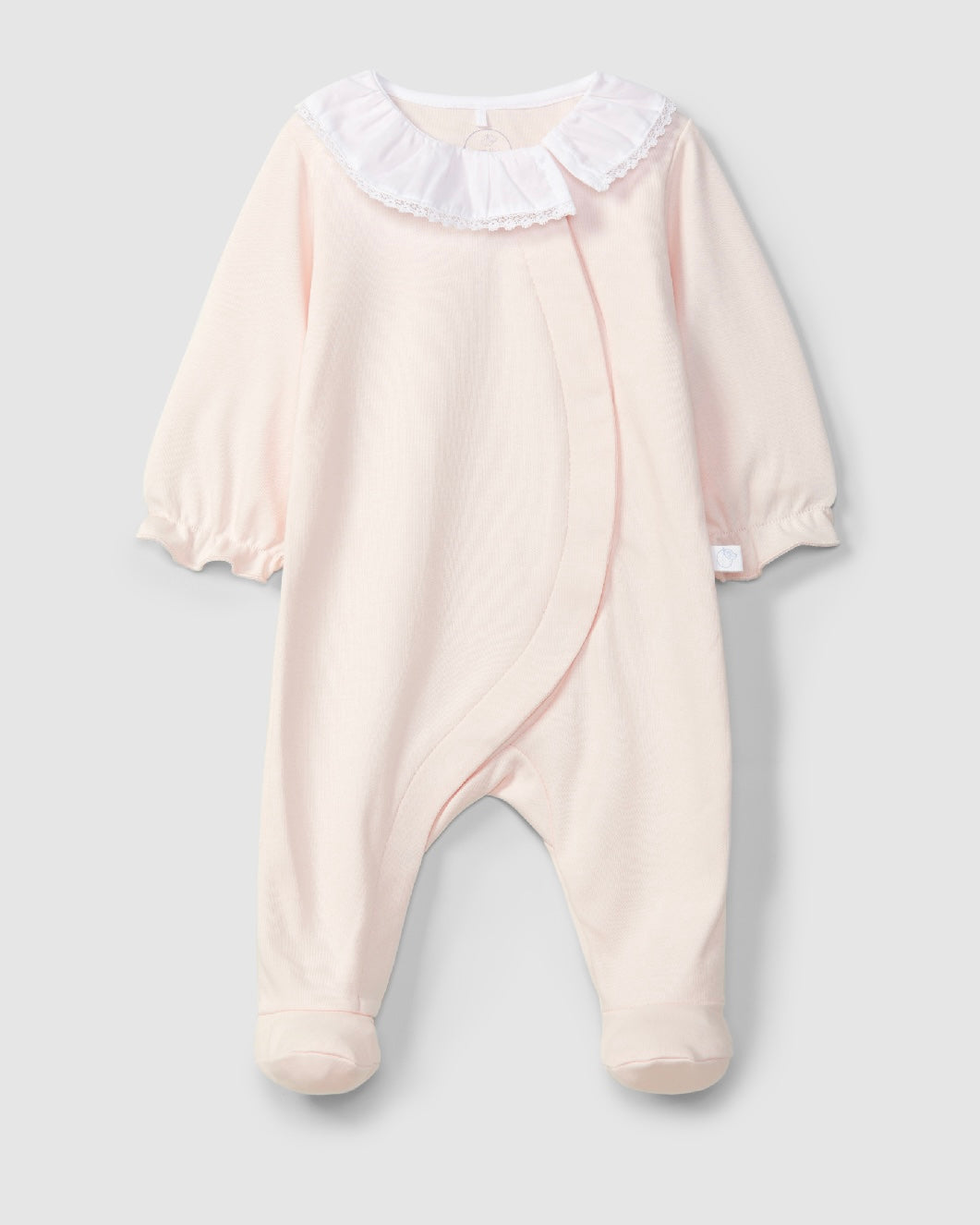 Pink babygrow with ruffled lace collar + bonnet
