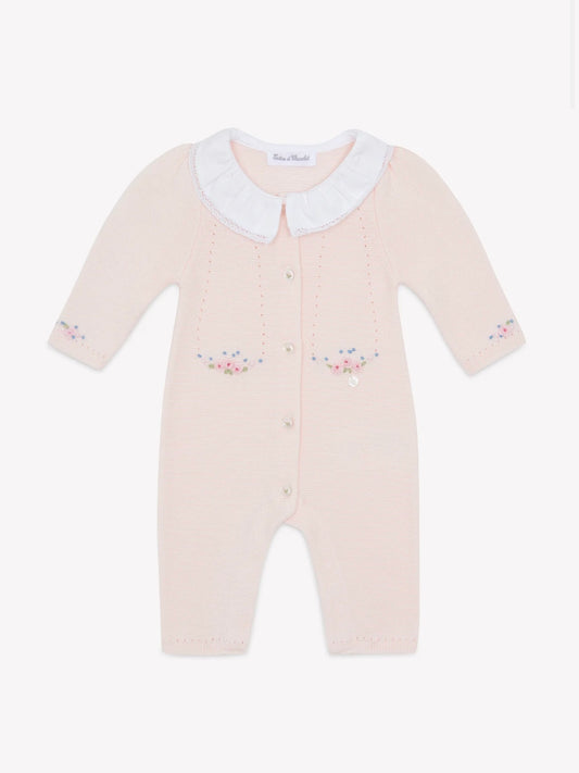 Floral pink babygrow with lace collar
