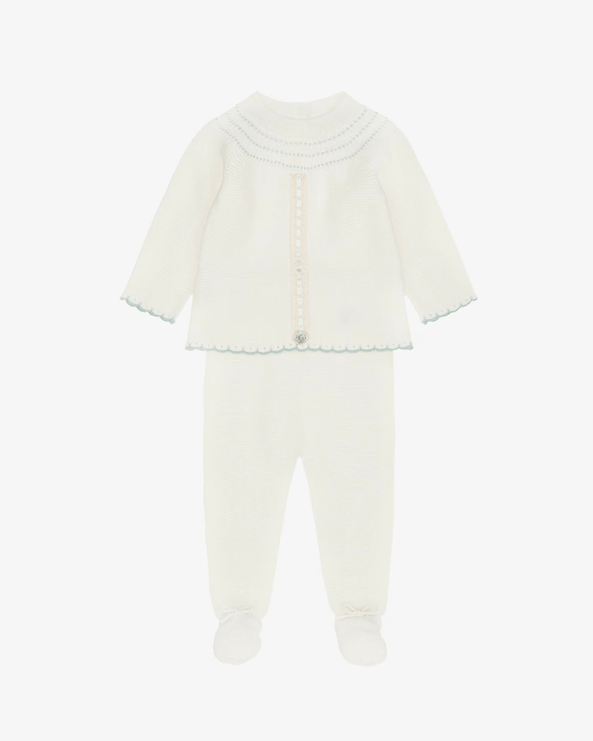 Ivory babygrow set with pale green trims