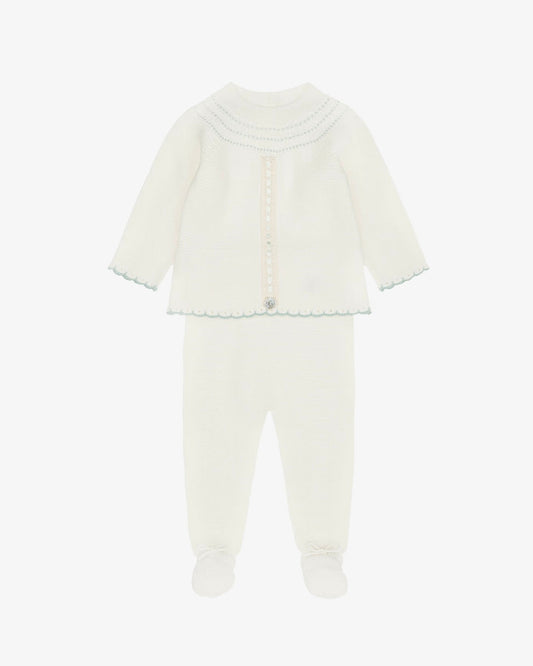 Ivory babygrow set with pale green trims