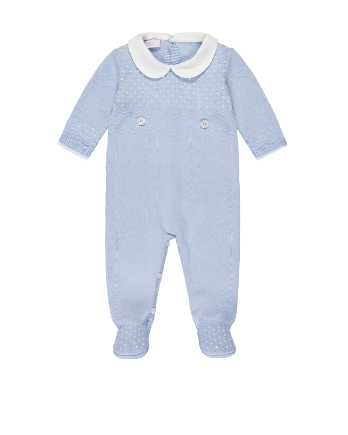 Blue babygrow with knot stitch detail